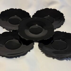 Vintage Black Glass Scalloped Tea Cup Saucers Set of 5  Glass 6 in